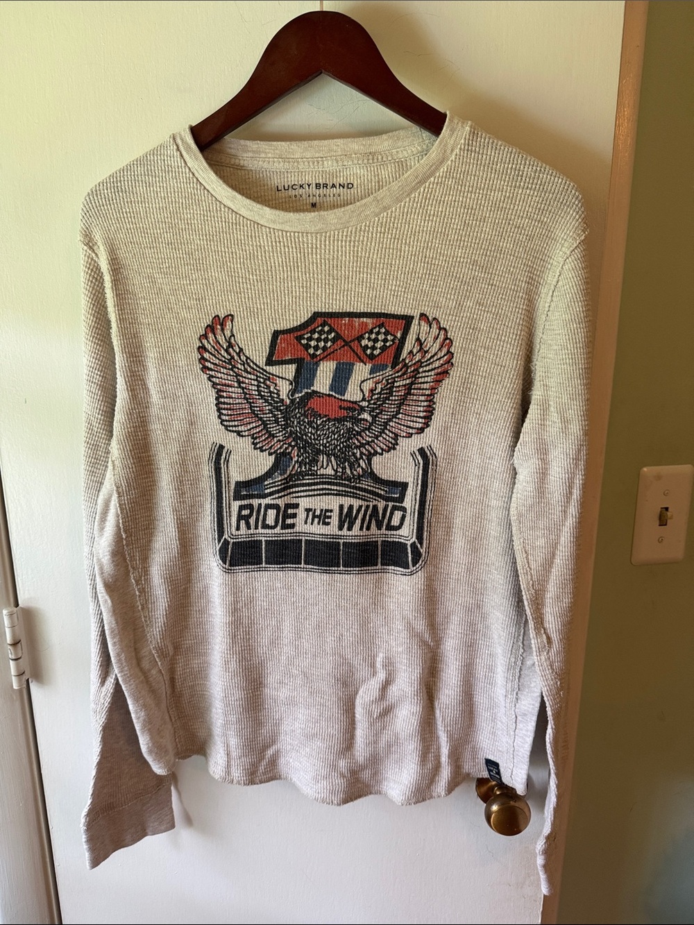 Lucky Brand Cream Waffle Knit Top with Red & Navy Graphic